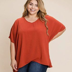 Rusty Orange V Neck Oversized Poncho Blouse 1X, 2X, 3X